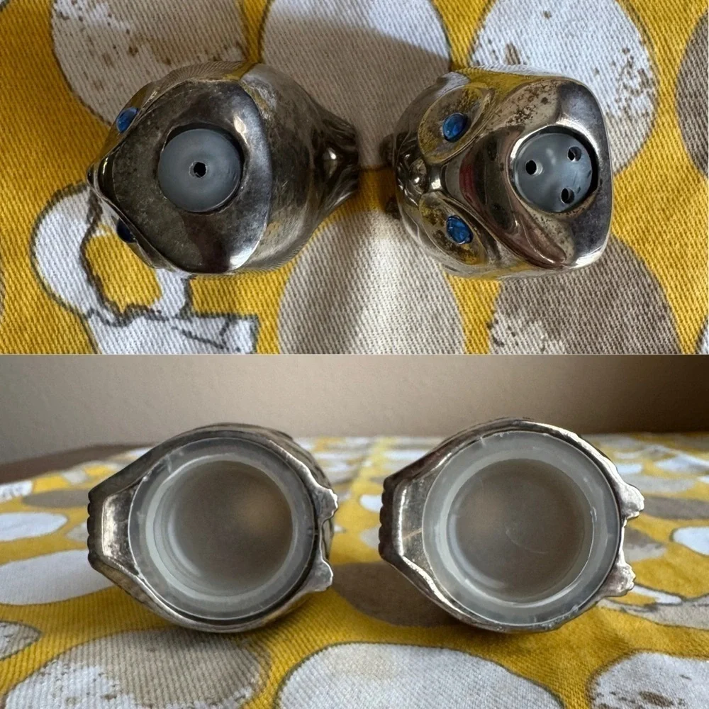 Vintage pewter owl with blue rhinestone eye salt and pepper shaker set